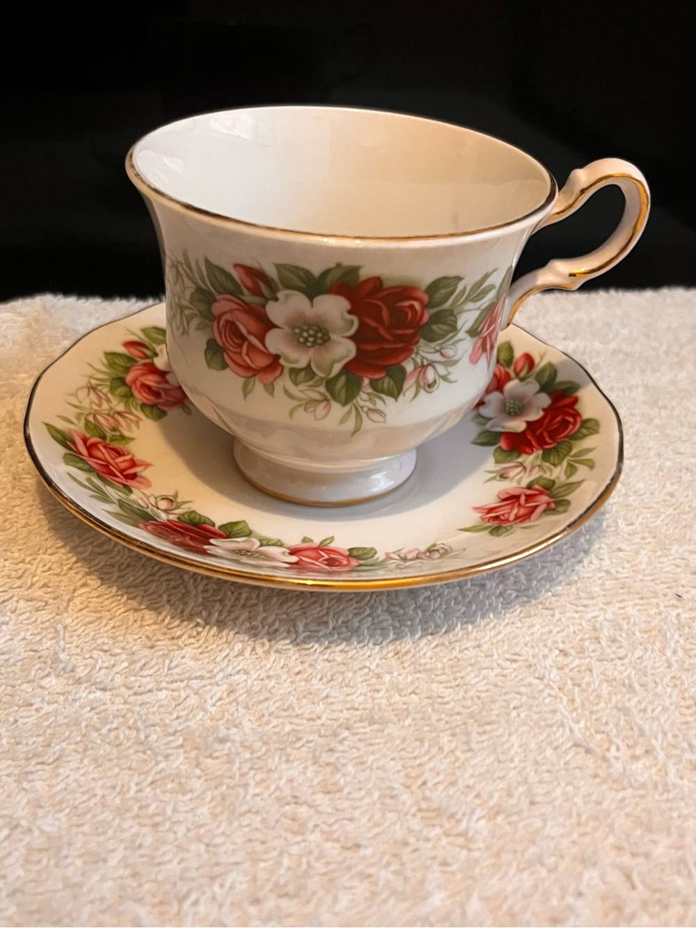 Bone China Teacup & Saucer Set with Red Rose Motif